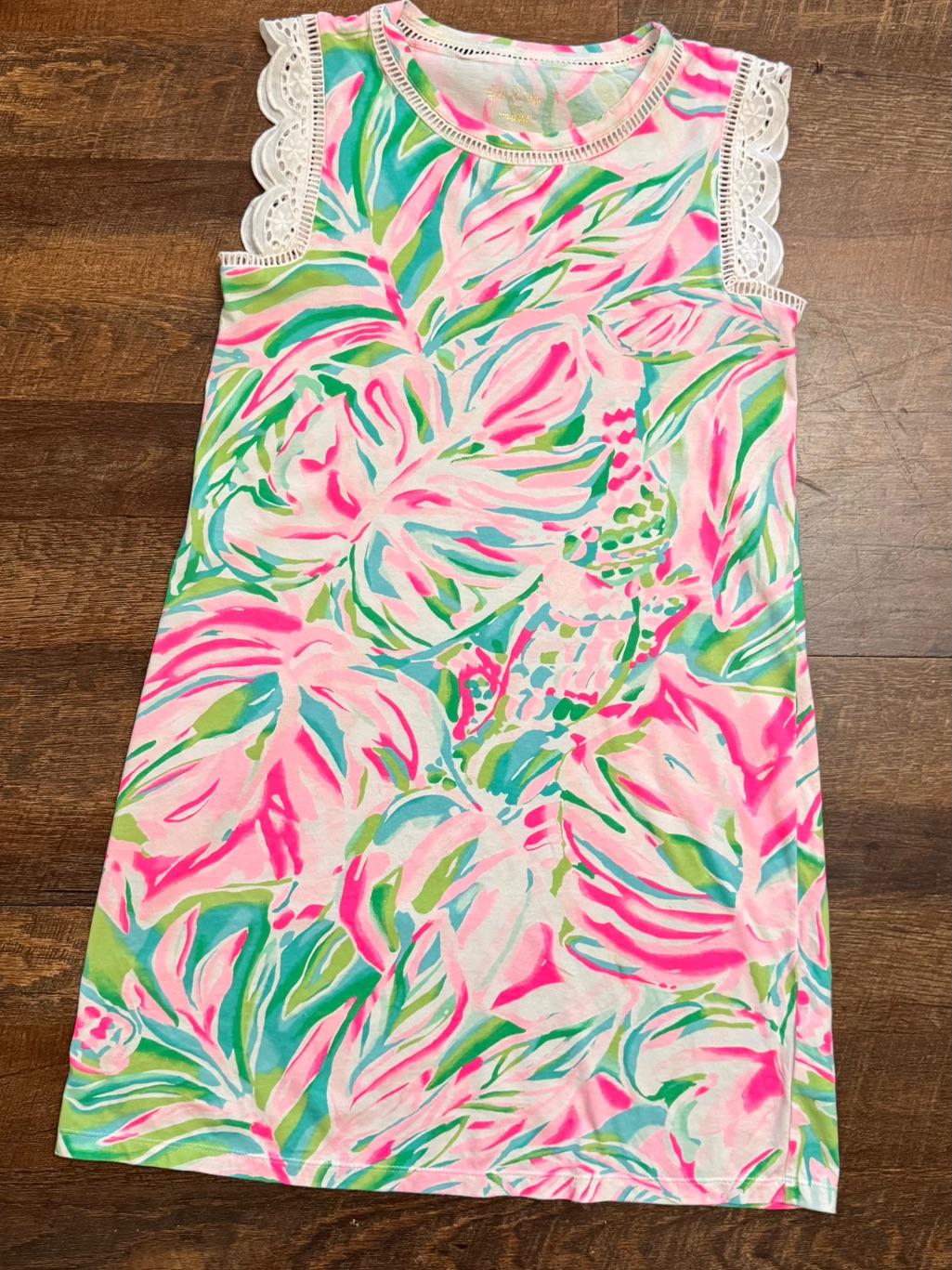 Lilly Pulitzer Tropical Print Shift Dress Xs Pink Green Lace Trim Sleeveless